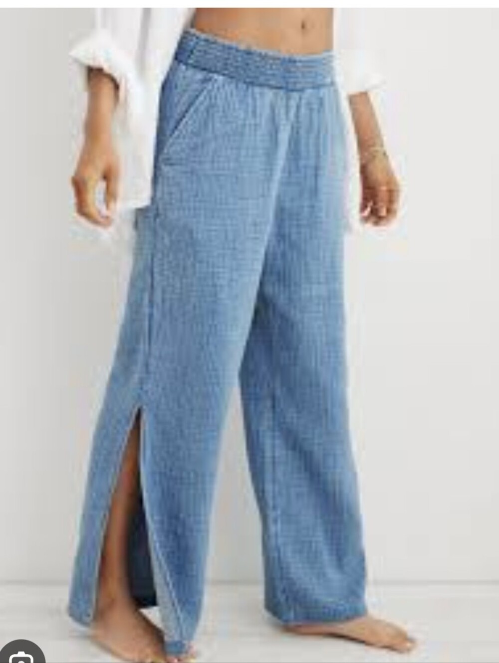 Aerie Blue Cotton Gauze Wide Leg Pants Smocked High Waist Medium